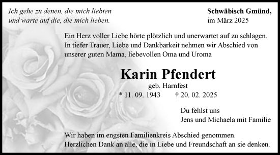 Traueranzeige von Karin Pfendert von Gmünder Tagespost