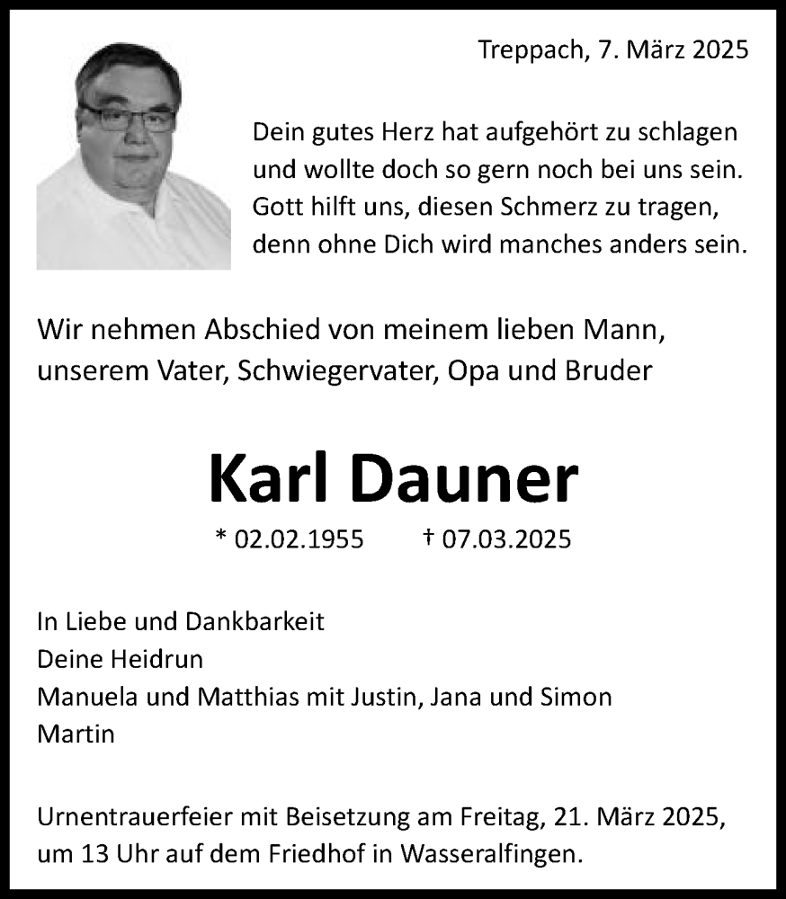  Traueranzeige für Karl Dauner vom 15.03.2025 aus Schwäbische Post
