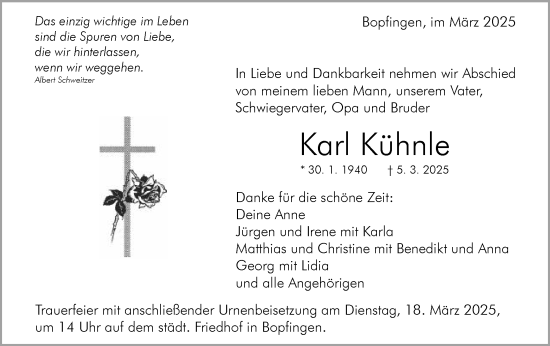 Traueranzeige von Karl Kühnle von Schwäbische Post