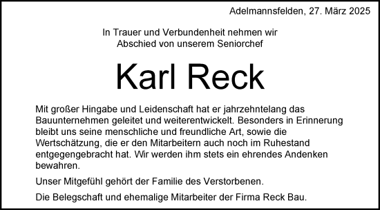 Traueranzeige von Karl Reck von Schwäbische Post