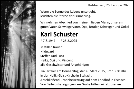 Traueranzeige von Karl Schuster von Gmünder Tagespost