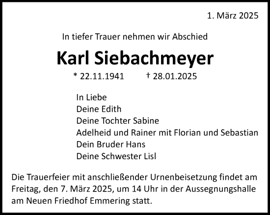 Traueranzeige von Karl Siebachmeyer von Schwäbische Post