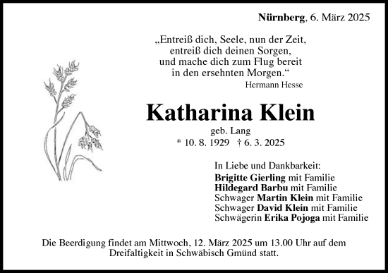 Traueranzeige von Katharina Klein von Gmünder Tagespost