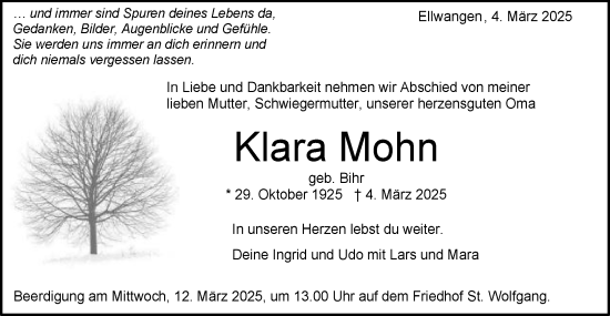 Traueranzeige von Klara Mohn von Schwäbische Post