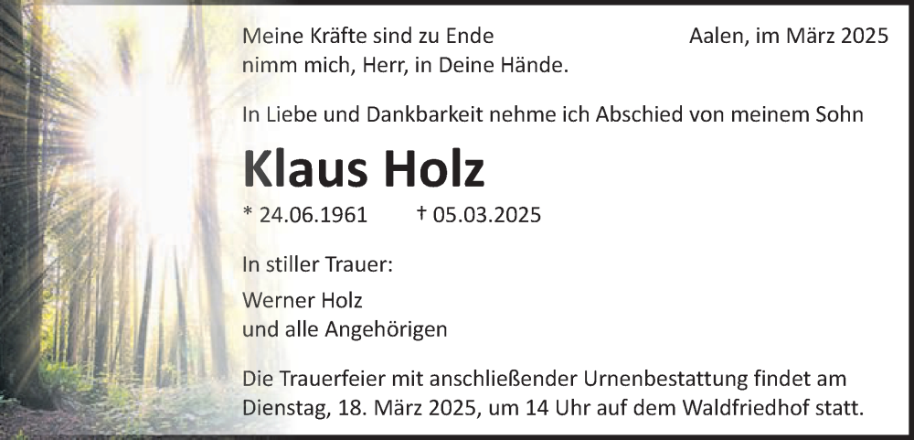  Traueranzeige für Klaus Holz vom 14.03.2025 aus Schwäbische Post