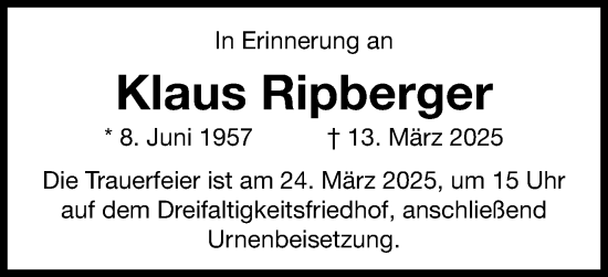 Traueranzeige von Klaus Ripberger von Gmünder Tagespost
