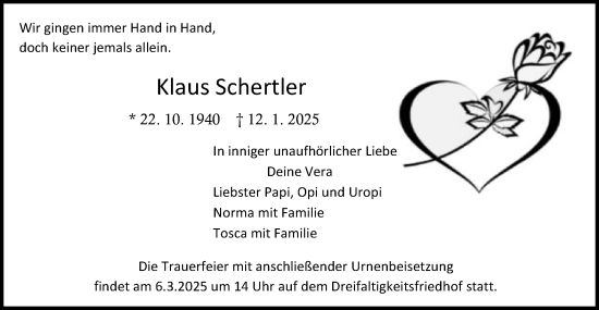 Traueranzeige von Klaus Schertler von Gmünder Tagespost
