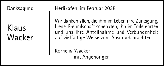 Traueranzeige von Klaus Wacker von Gmünder Tagespost