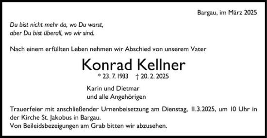 Traueranzeige von Konrad Kellner von Gmünder Tagespost