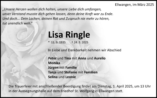 Traueranzeige von Lisa Ringle von Schwäbische Post