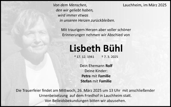 Traueranzeige von Lisbeth Bühl von Schwäbische Post