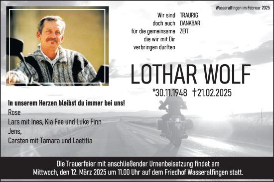 Traueranzeige von Lothar Wolf von Schwäbische Post
