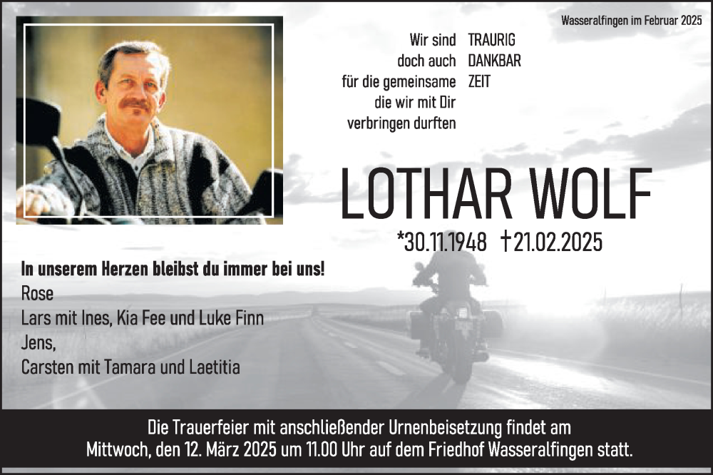  Traueranzeige für Lothar Wolf vom 06.03.2025 aus Schwäbische Post