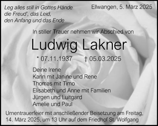 Traueranzeige von Ludwig Lakner von Schwäbische Post