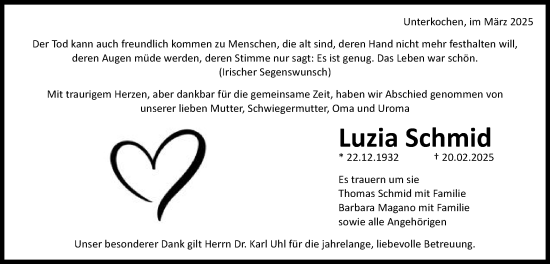 Traueranzeige von Luzia Schmid von Schwäbische Post