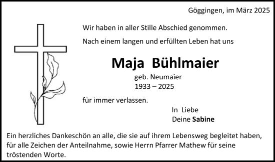 Traueranzeige von Maja Bühlmaier von Gmünder Tagespost