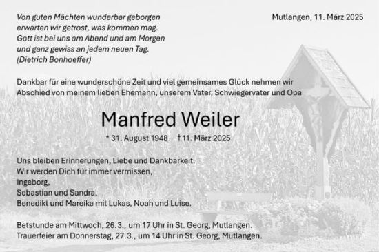 Traueranzeige von Manfred Weiler von Gmünder Tagespost