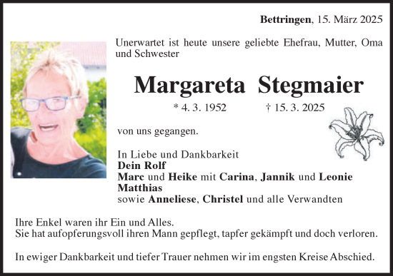 Traueranzeige von Margareta Stegmaier von Gmünder Tagespost