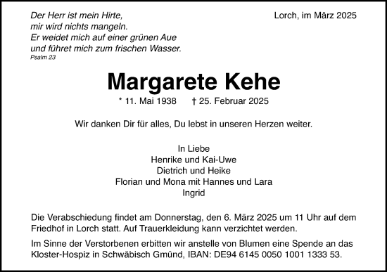 Traueranzeige von Margarete Kehe von Gmünder Tagespost