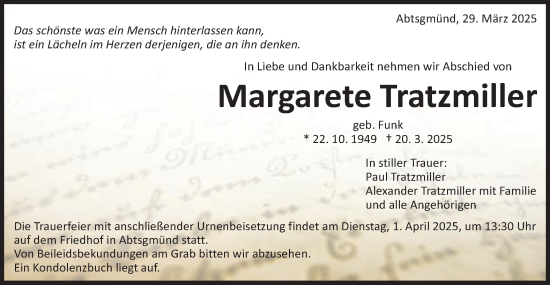 Traueranzeige von Margarete Tratzmiller von Schwäbische Post