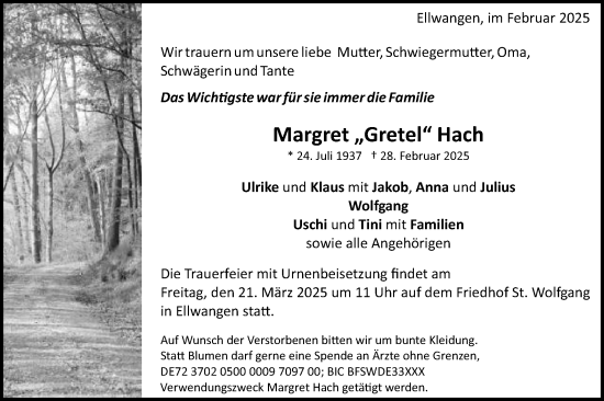 Traueranzeige von Margret Hach von Schwäbische Post