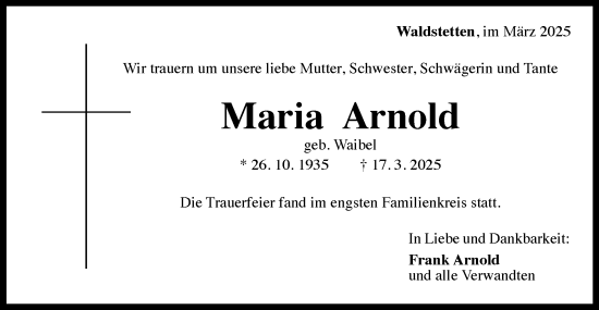 Traueranzeige von Maria Arnold von Gmünder Tagespost