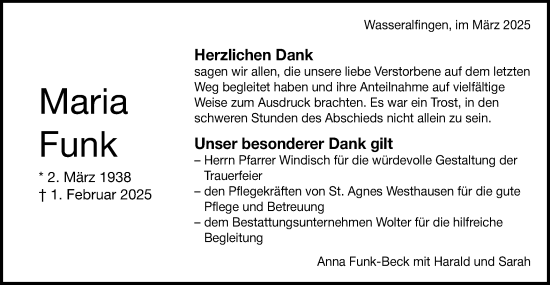 Traueranzeige von Maria Funk von Schwäbische Post