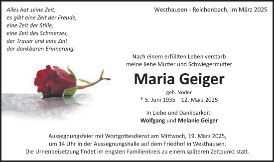 Traueranzeige von Maria Geiger von Schwäbische Post