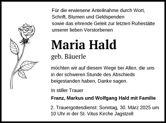Traueranzeige von Maria Hald von Schwäbische Post