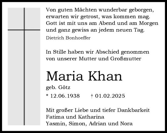 Traueranzeige von Maria Khan von Schwäbische Post