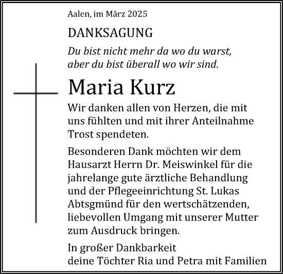 Traueranzeige von Maria Kurz von Schwäbische Post