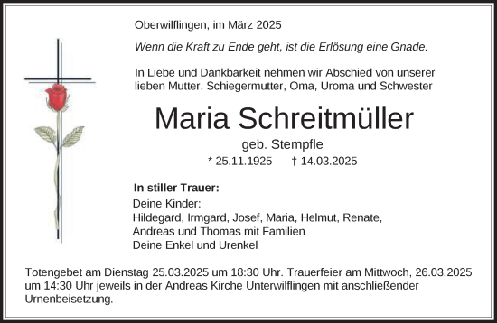 Traueranzeige von Maria Schreitmüller von Schwäbische Post