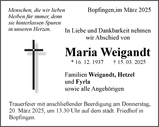 Traueranzeige von Maria Weigandt von Schwäbische Post