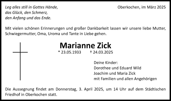 Traueranzeige von Marianne Zick von Schwäbische Post
