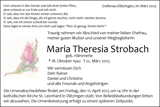 Traueranzeige von Maria Theresia Strobach von Gmünder Tagespost