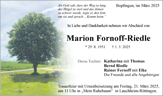 Traueranzeige von Marion Fornoff-Riedle von Schwäbische Post