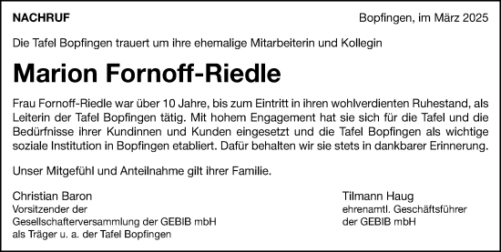 Traueranzeige von Marion Fornoff-Riedle von Schwäbische Post