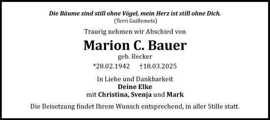 Traueranzeige von Marion C. Bauer von Gmünder Tagespost