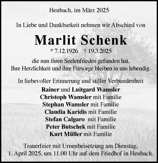 Traueranzeige von Marlit Schenk von Gmünder Tagespost