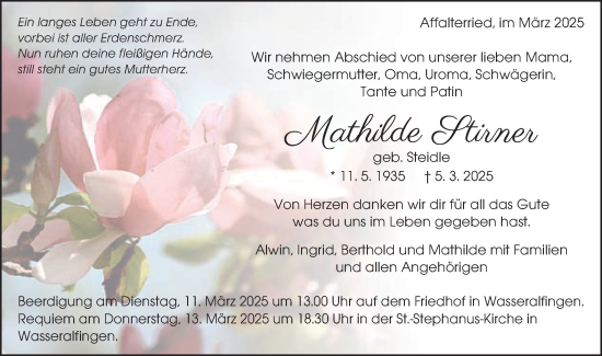 Traueranzeige von Mathilde Stirner von Schwäbische Post