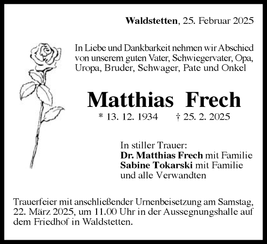Traueranzeige von Matthias Frech von Gmünder Tagespost