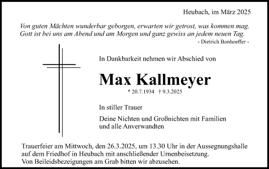 Traueranzeige von Max Kallmeyer von Gmünder Tagespost