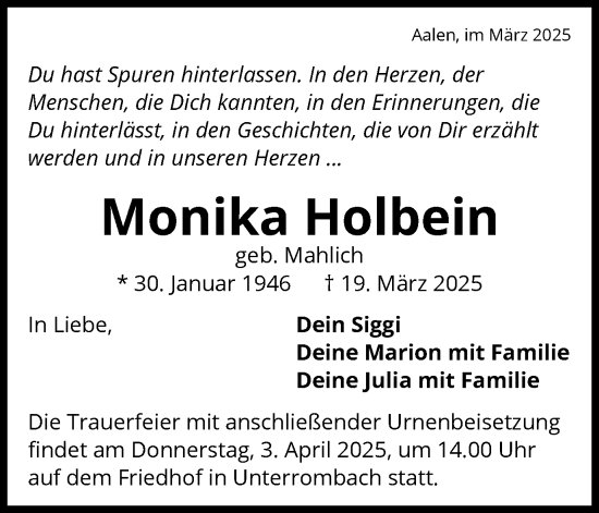 Traueranzeige von Monika Holbein von Schwäbische Post
