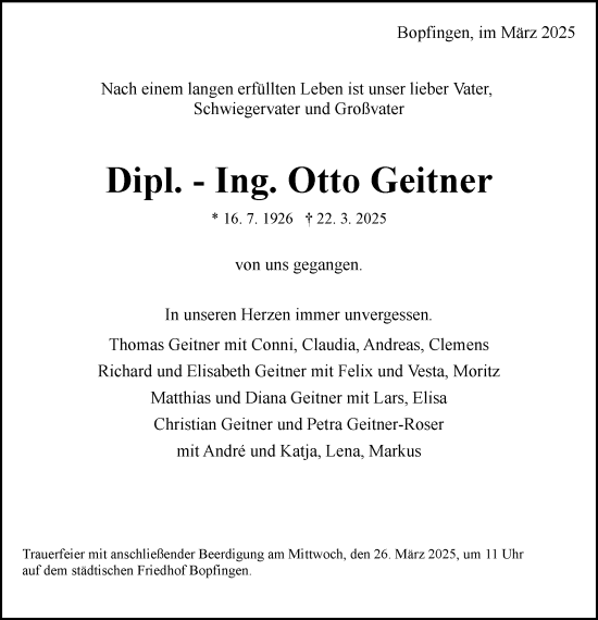 Traueranzeige von Otto Geitner von Schwäbische Post