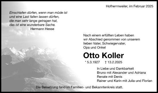Traueranzeige von Otto Koller von Schwäbische Post
