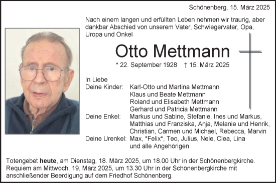 Traueranzeige von Otto Mettmann von Schwäbische Post