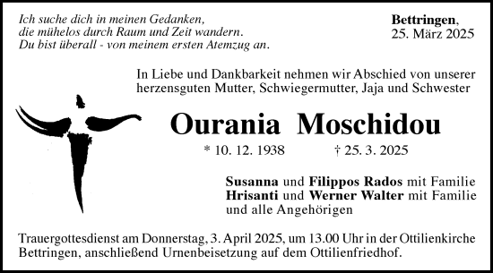 Traueranzeige von Ourania Moschidou von Gmünder Tagespost