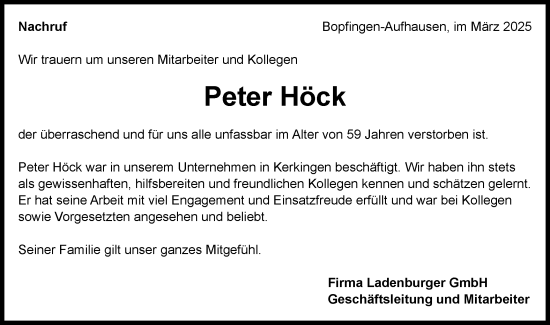 Traueranzeige von Peter Höck von Schwäbische Post