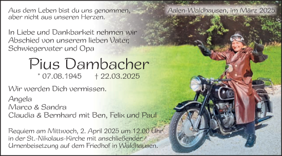 Traueranzeige von Pius Dambacher von Schwäbische Post