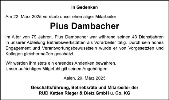 Traueranzeige von Pius Dambacher von Schwäbische Post